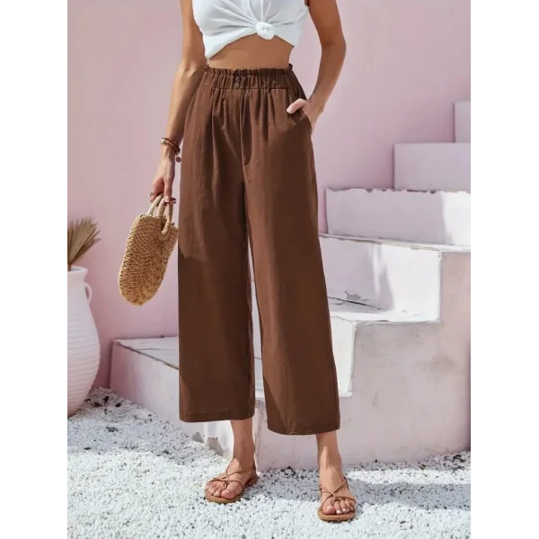 Kadın Bel Büzgü Ve Düğme Detay Kapri Keten Pantolon