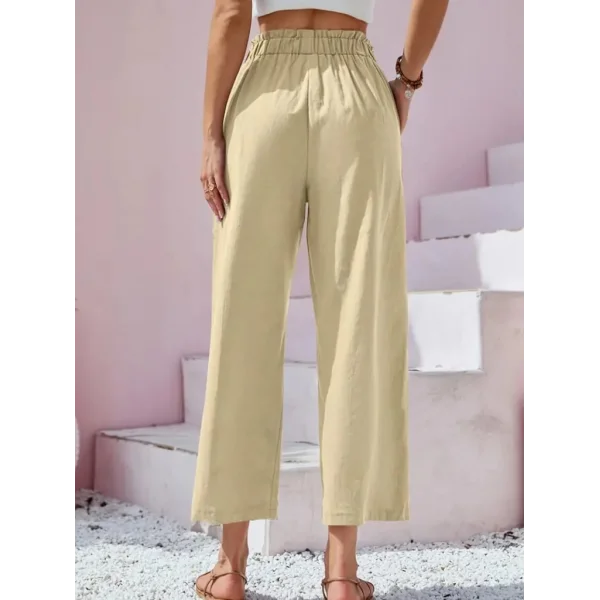 Kadın Bel Büzgü Ve Düğme Detay Kısa Geniş Paça Keten Pantolon