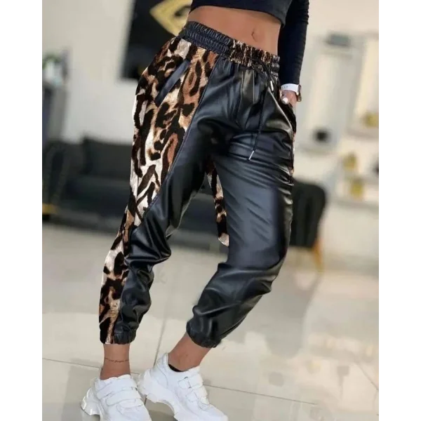 Kadın Bel Ve Paça Lastikli Leopar Yan şerit Detay Suni Deri Pantolon