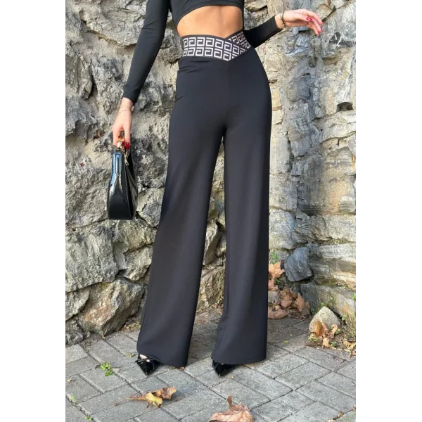 Kadın Belde Kruvaze Ve Ribana Detay Ispanyol Paça Ithal Krep Pantolon