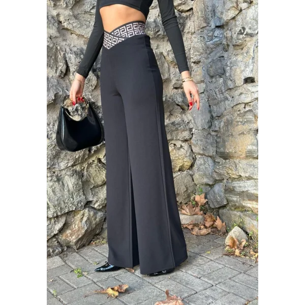 Kadın Belde Kruvaze Ve Ribana Detay Ispanyol Paça Ithal Krep Pantolon