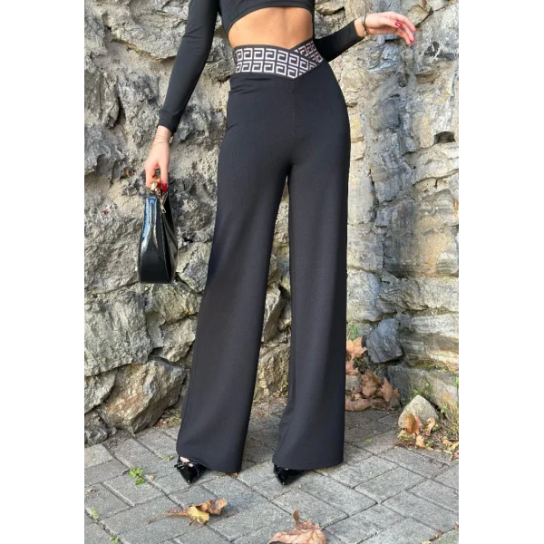 Kadın Belde Kruvaze Ve Ribana Detay Ispanyol Paça Ithal Krep Pantolon