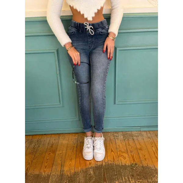 Kadın Belden Bağlamalı Cepli Yüksek Bel Kot Pantolon