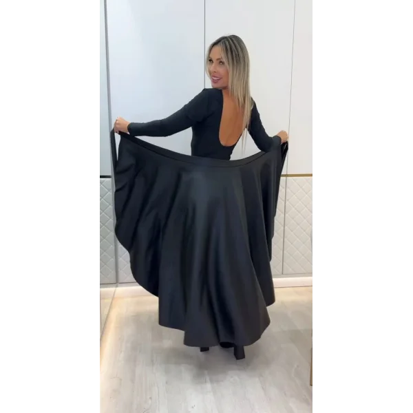 Kadın Belden Kuşaklı Uzun Deri Etek