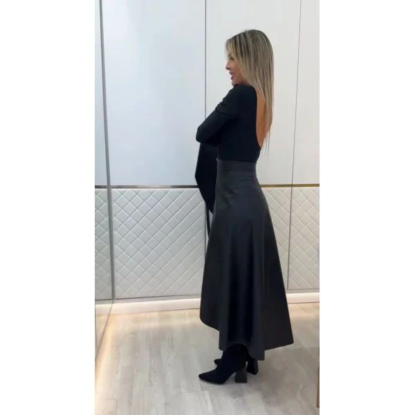 Kadın Belden Kuşaklı Uzun Deri Etek