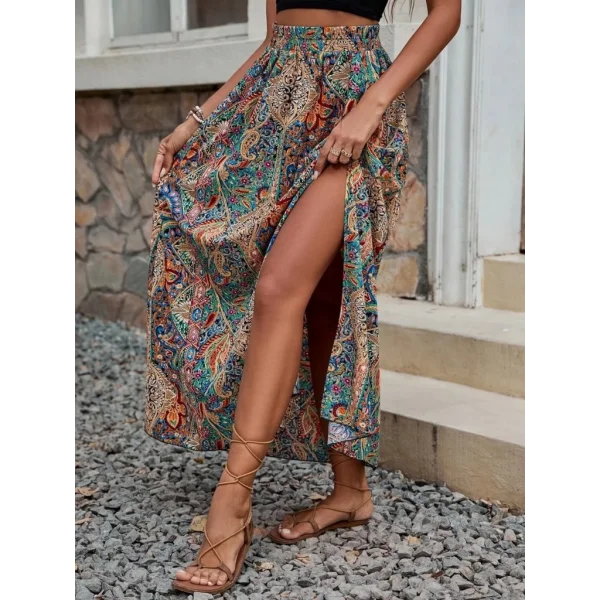 Kadın Beli Büzgülü Yandan Yırtmaçlı Desenli Süprem Etek