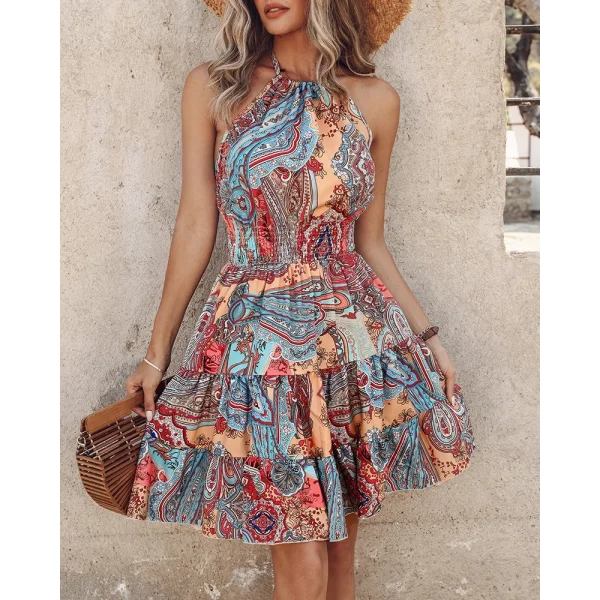 Kadın Beli Gipeli Boyundan Bağlamalı Desenli Süprem Mini Elbise