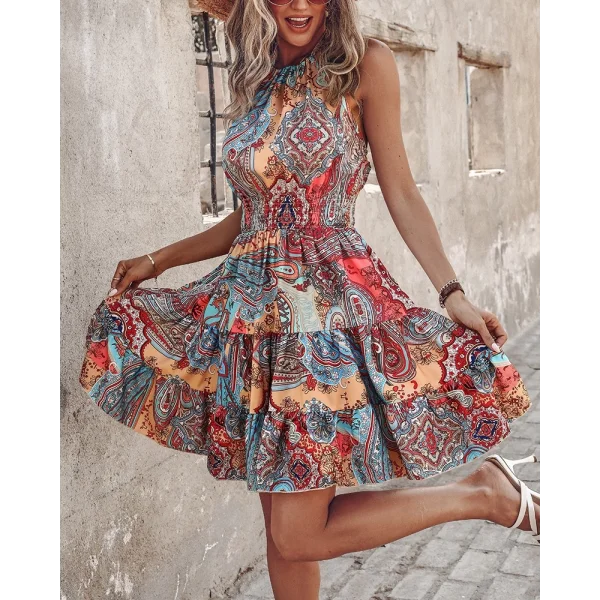 Kadın Beli Gipeli Boyundan Bağlamalı Desenli Süprem Mini Elbise