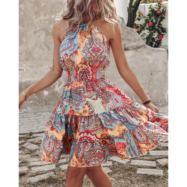 Kadın Beli Gipeli Boyundan Bağlamalı Desenli Süprem Mini Elbise