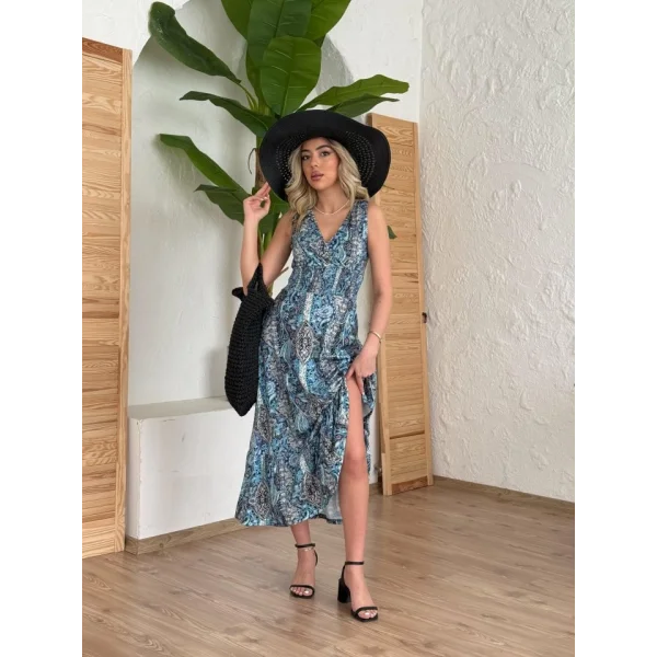 Kadın Beli Gipeli Etnik Desen Sıfır Kol Süprem Elbise