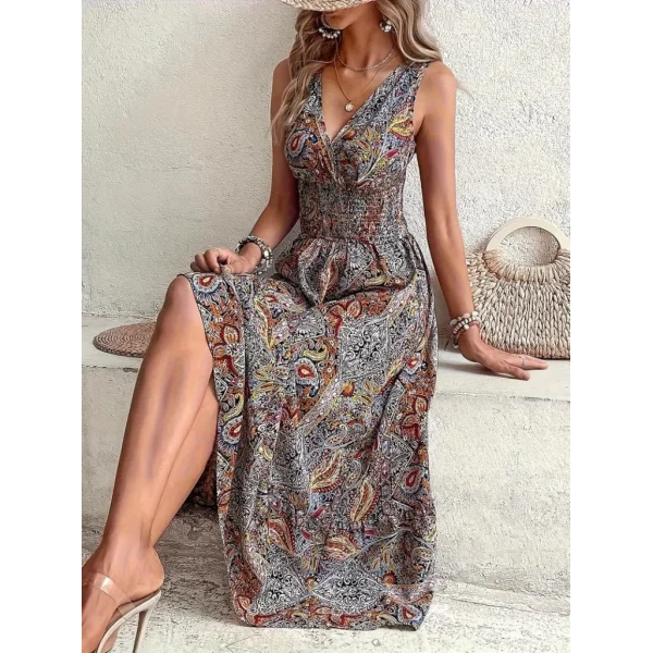 Kadın Beli Gipeli Etnik Desen Sıfır Kol Süprem Elbise