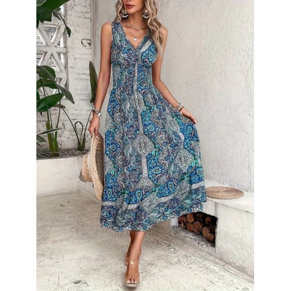 Kadın Beli Gipeli Etnik Desen Sıfır Kol Süprem Elbise