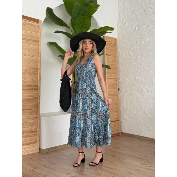 Kadın Beli Gipeli Etnik Desen Sıfır Kol Süprem Elbise