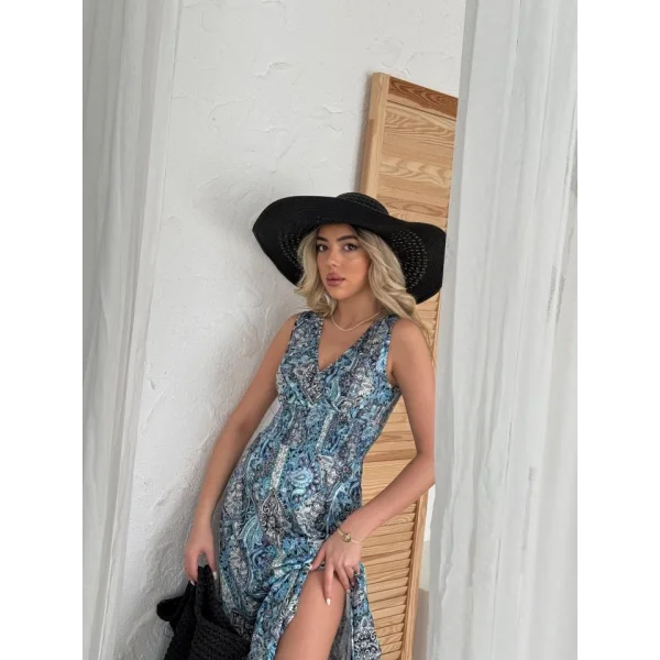 Kadın Beli Gipeli Etnik Desen Sıfır Kol Süprem Elbise