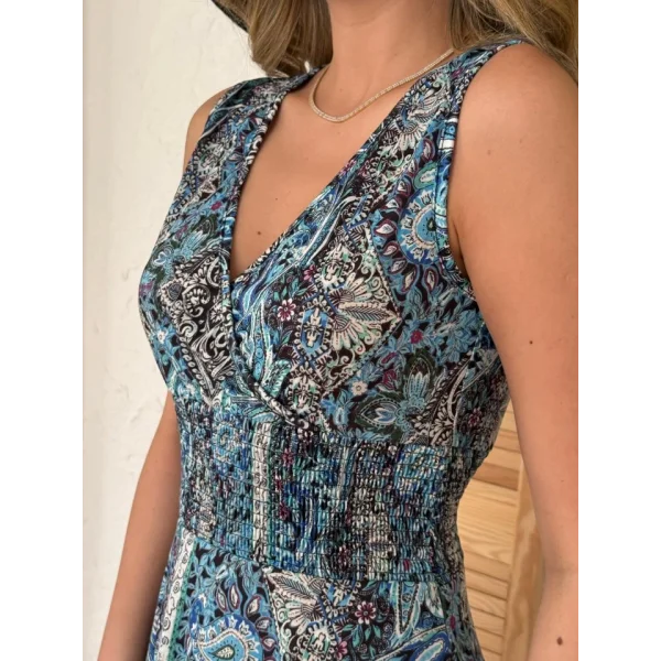 Kadın Beli Gipeli Etnik Desen Sıfır Kol Süprem Elbise