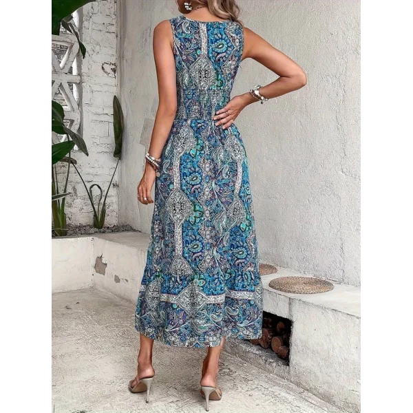 Kadın Beli Gipeli Etnik Desen Sıfır Kol Süprem Elbise