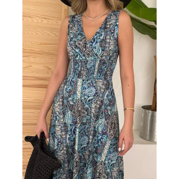 Kadın Beli Gipeli Etnik Desen Sıfır Kol Süprem Elbise