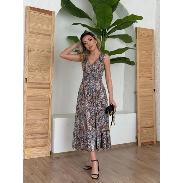 Kadın Beli Gipeli Etnik Desen Sıfır Kol Süprem Elbise