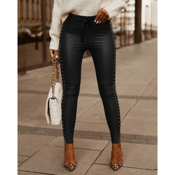 Kadın Beli Kuşaklı Yırtmaç Detay Boncuk şeritli Deri Tayt