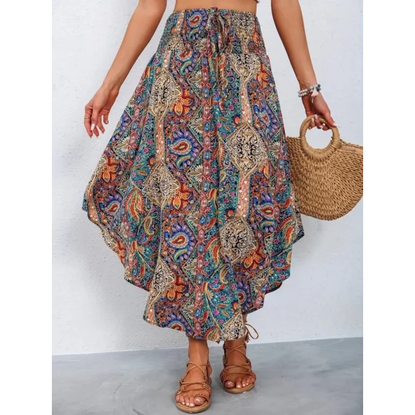 Kadın Beli Lastikli Bağcıklı Asimetrik Kesim Detaylı Desenli Bürümcük Etek