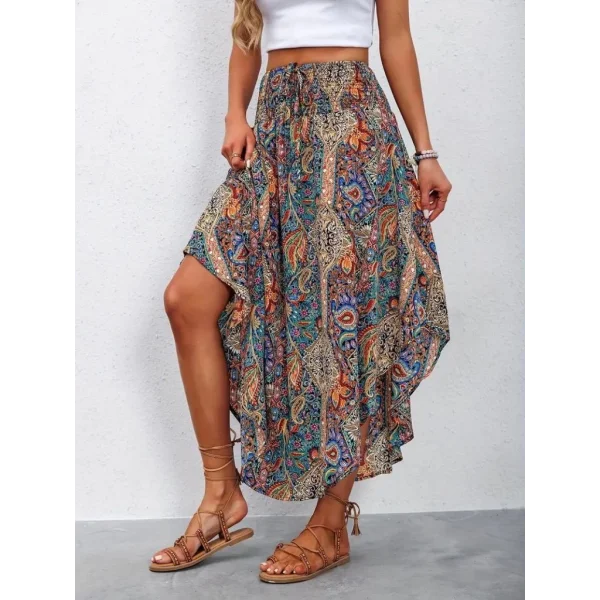 Kadın Beli Lastikli Bağcıklı Asimetrik Kesim Detaylı Desenli Bürümcük Etek