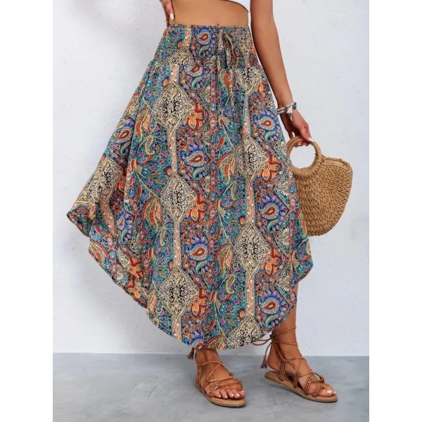 Kadın Beli Lastikli Bağcıklı Asimetrik Kesim Detaylı Desenli Bürümcük Etek