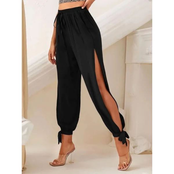 Kadın Beli Lastikli Bağcıklı Yanları Yırtmaç Detaylı Bilekten Bağcıklı Viskon Pantolon