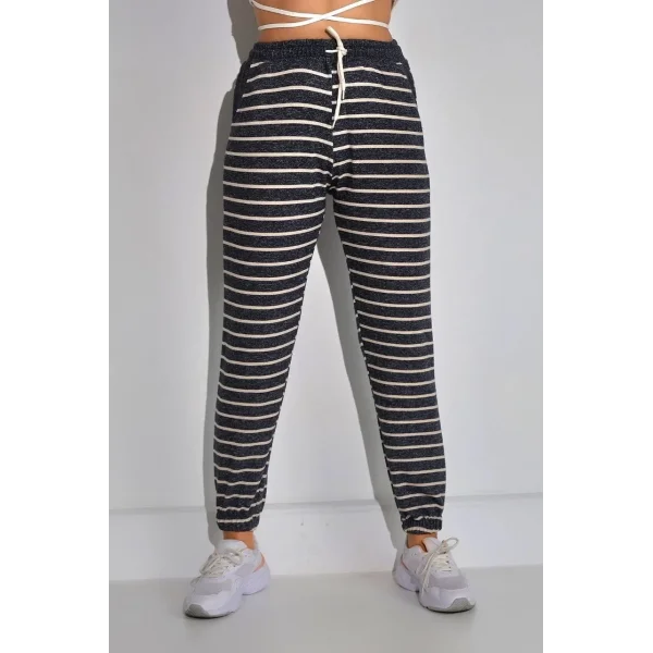 Kadın Beli Lastikli Çizgili Eşofman Altı - Lacivert