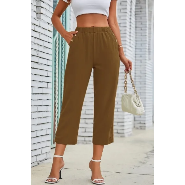 Kadın Beli Lastikli Düğme Ve Cep Detaylı Kapri Ithal Keten Pantolon