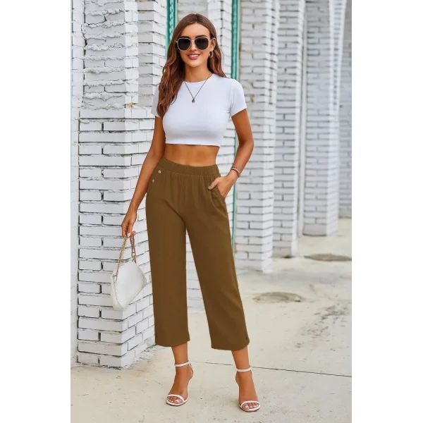 Kadın Beli Lastikli Düğme Ve Cep Detaylı Kapri Ithal Keten Pantolon