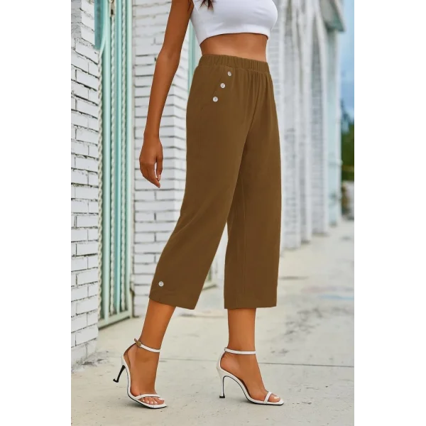 Kadın Beli Lastikli Düğme Ve Cep Detaylı Kapri Ithal Keten Pantolon