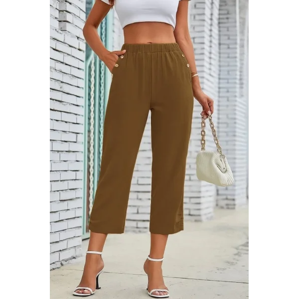 Kadın Beli Lastikli Düğme Ve Cep Detaylı Kapri Ithal Keten Pantolon