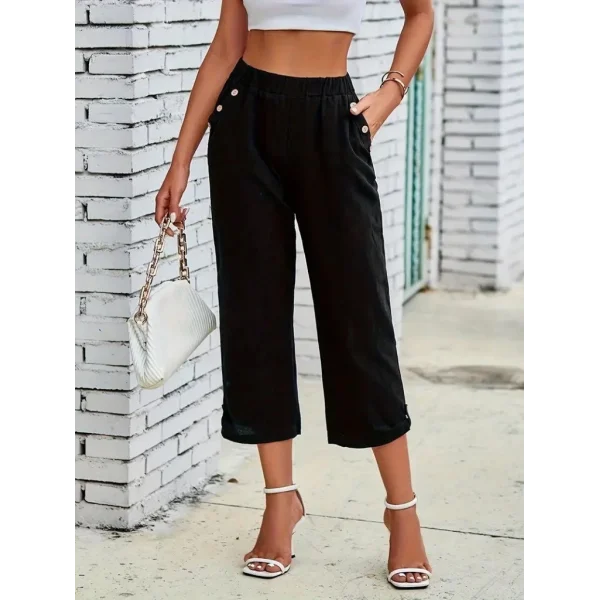 Kadın Beli Lastikli Düğme Ve Cep Detaylı Kapri Ithal Keten Pantolon