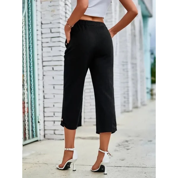 Kadın Beli Lastikli Düğme Ve Cep Detaylı Kapri Ithal Keten Pantolon