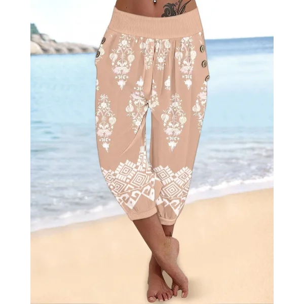 Kadın Beli Lastikli Etnik Desenli Kapri Süprem Pantolon