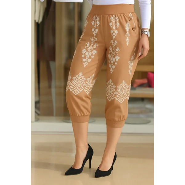 Kadın Beli Lastikli Etnik Desenli Kapri Süprem Pantolon