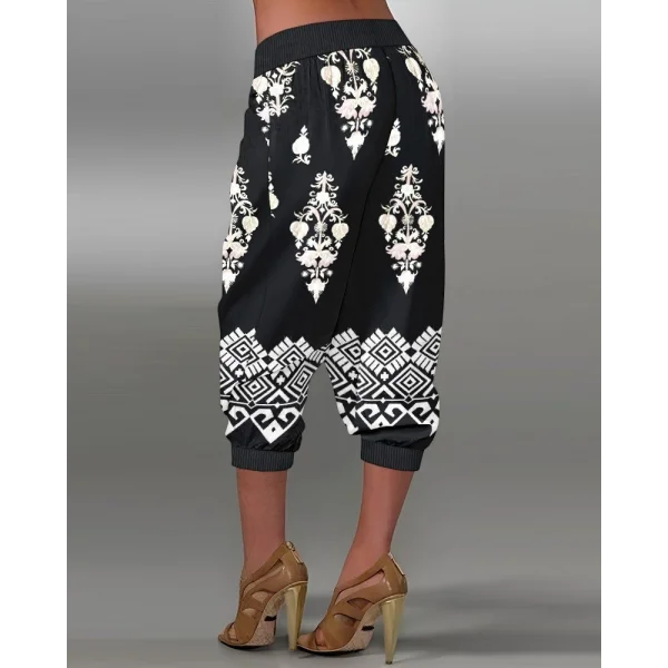 Kadın Beli Lastikli Etnik Desenli Kapri Süprem Pantolon