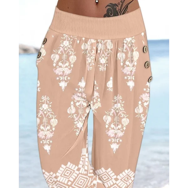 Kadın Beli Lastikli Etnik Desenli Kapri Süprem Pantolon