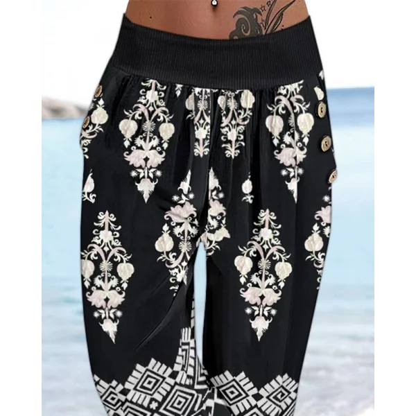 Kadın Beli Lastikli Etnik Desenli Kapri Süprem Pantolon