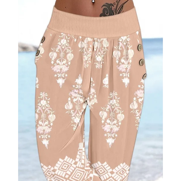 Kadın Beli Lastikli Etnik Desenli Kapri Süprem Pantolon