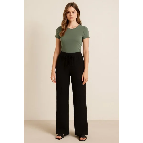 Kadın Beli Lastikli Pol Paça Pantolon