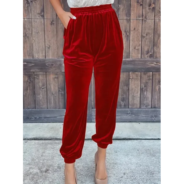 Kadın Beli Lastikli Yüksek Bel Cep Detay Kadife Pantolon