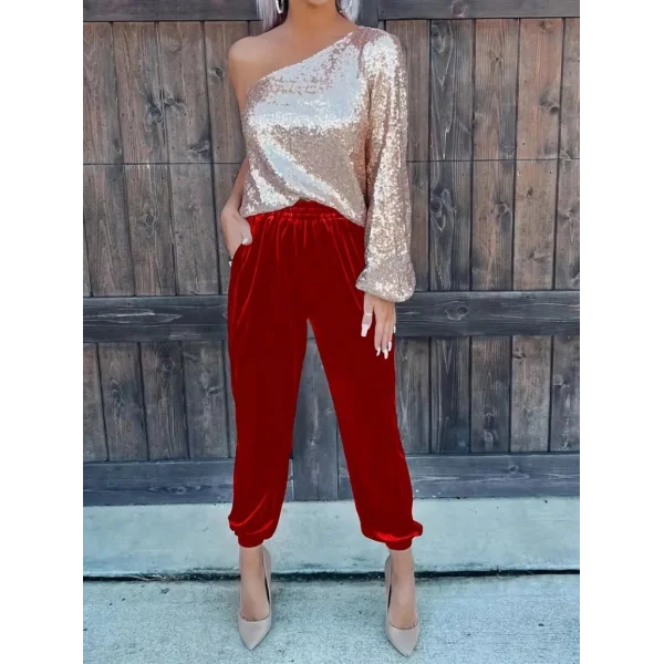 Kadın Beli Lastikli Yüksek Bel Cep Detay Kadife Pantolon