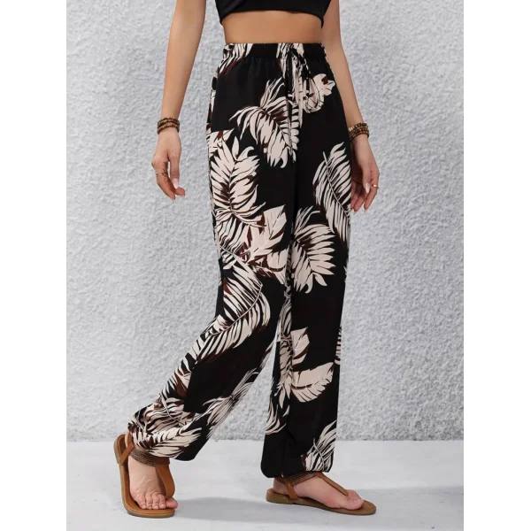 Kadın Beli Ve Paçası Lastikli Yaprak Desen Süprem Kumaş Pantolon