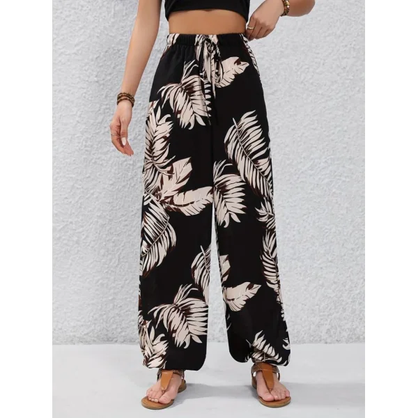 Kadın Beli Ve Paçası Lastikli Yaprak Desen Süprem Kumaş Pantolon