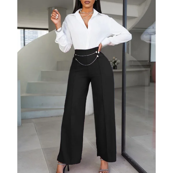 Kadın Beli Zincir Detaygeniş Paça Ithal Krep Pantolon