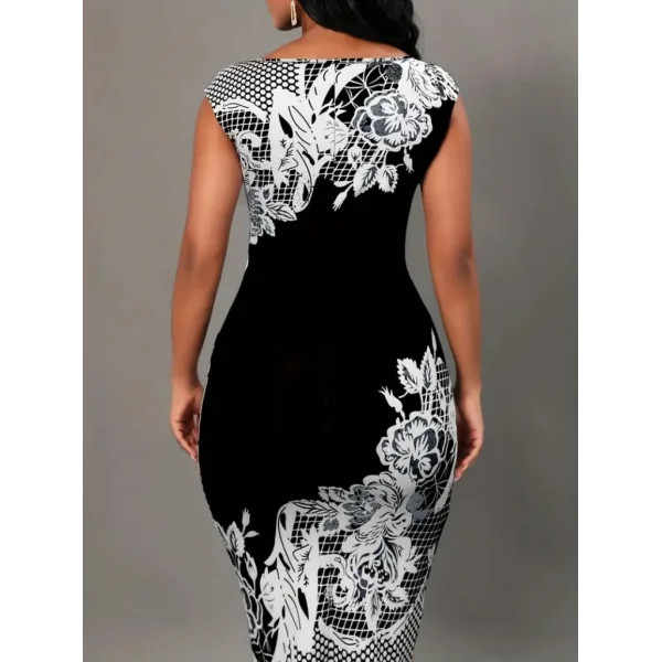 Kadın Beyaz Çiçek Desen Kayık Yaka Yırtmaç Detaylı Dalgıç Elbise