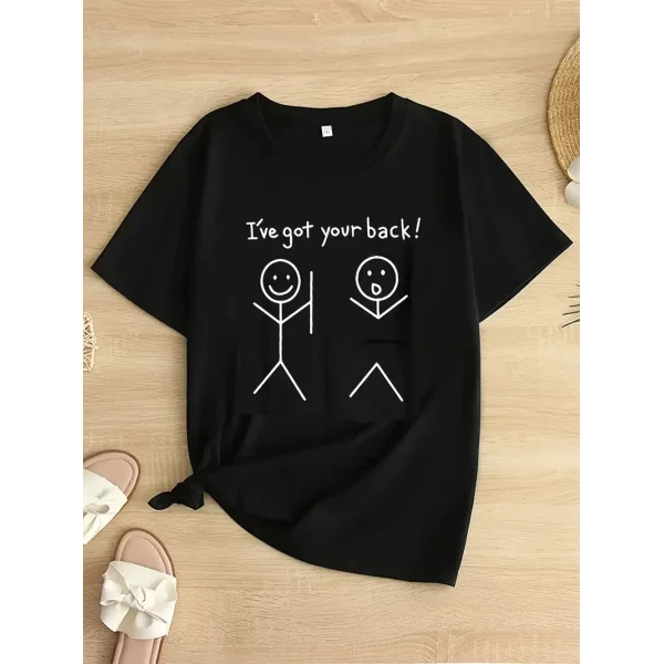 Kadın Beyaz Ive Got Your Back Grafik Tişört - Eğlenceli Çubuk Tasarımlı Oversize Günlük Kısa Kollu Tişört, Polyester Örgü, Yuvarlak Yaka, İlkbahar ve Yaz için Mükemmel, Günlük Giyim Tişört | Eğlenceli Tasarım | Polyester Kumaş- Siyah