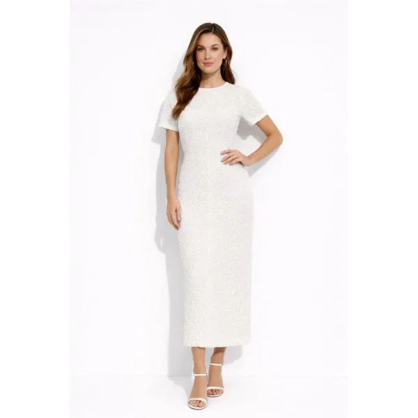 Kadın Beyaz Kısa Kollu Arkası Yırtmaçlı Uzun Elbise + İç Göstermeyen Askılı Mini Elbiseli - Beyaz