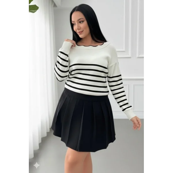 Kadın Beyaz Sırt Bağlama Detaylı çizgi Desen Triko Bluz